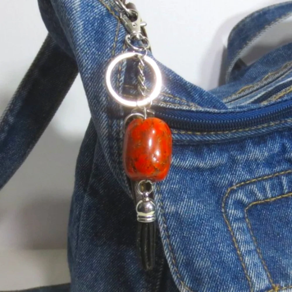 New Handcrafted Keychain Bag Charm Orange Beaded Boho Leather Tassel Swivel Clip